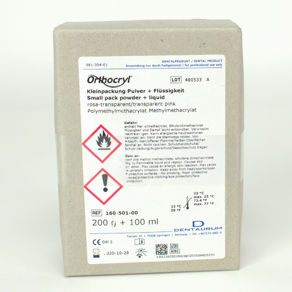 Orthocryl pulver rosa-transparent 200 g/100 ml, pakke
