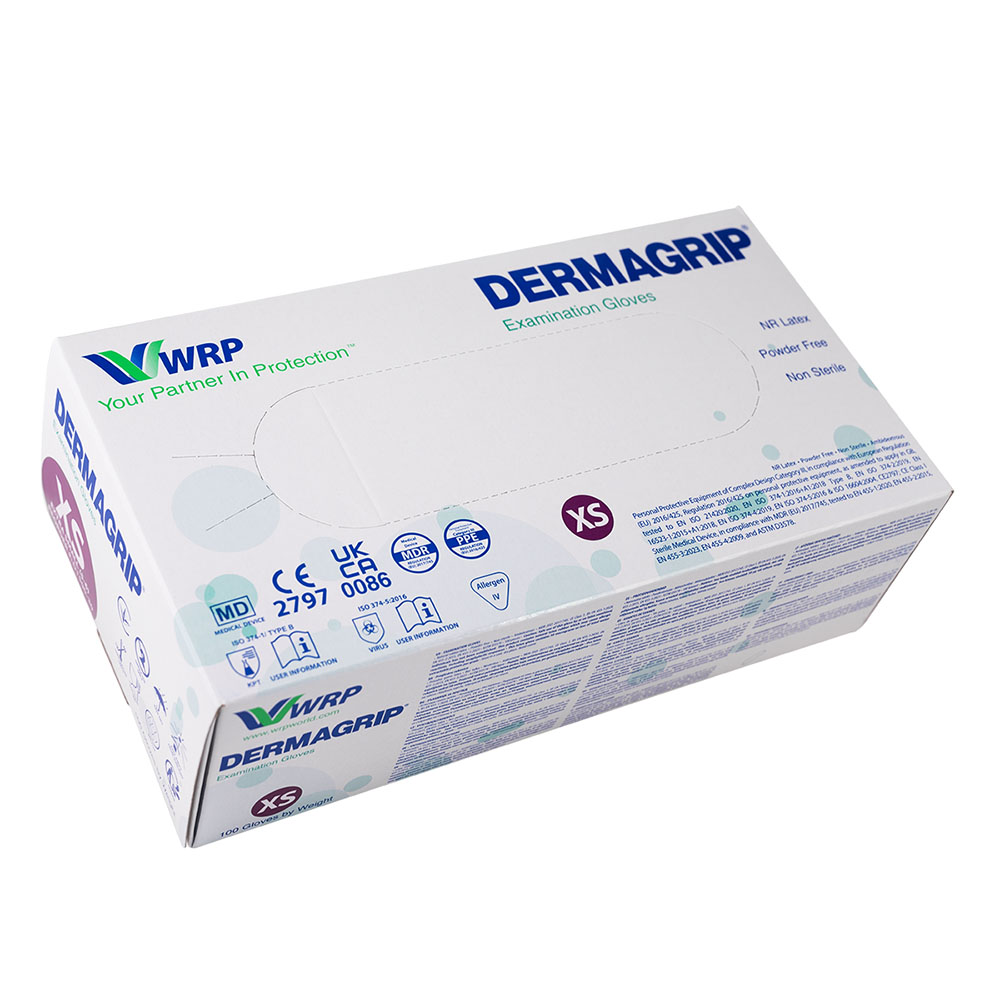 Dermagrip latexhandske pudderfri naturhvid str. XS, 100 stk.