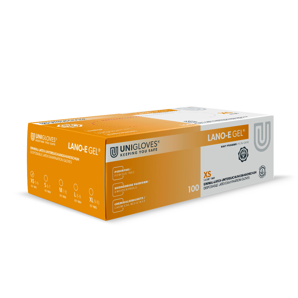 Lano-E Gel Handske Latex pudderfri XS, 100 stk.
