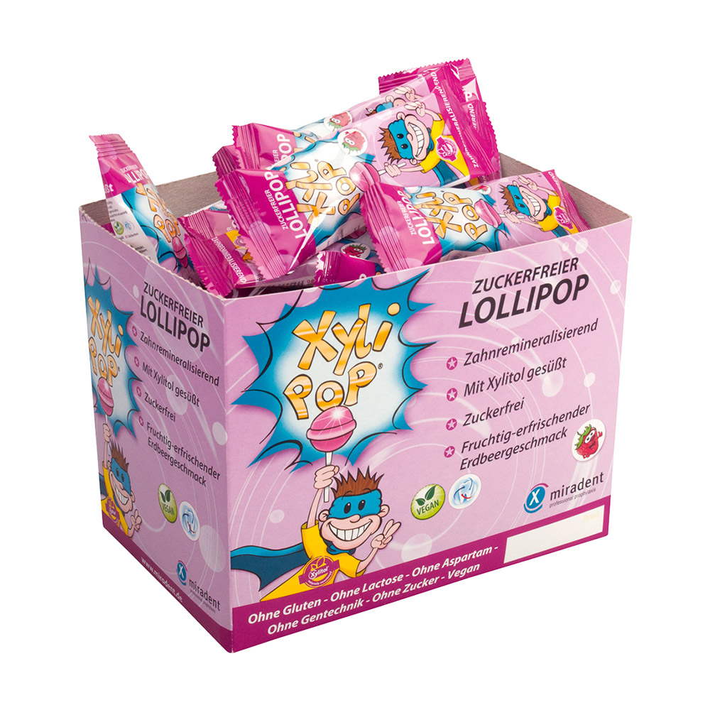 miradent XyliPOP Lollipop Jordbær, 50 x 6 g