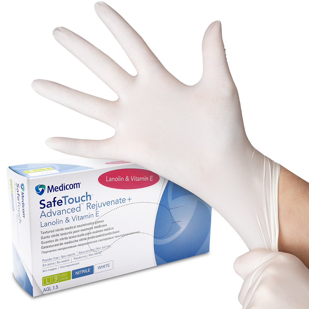 SafeTouch Advanced Rejuvenate nitrilhandsker, pudderfri, hvide, str. M, 100 stk.